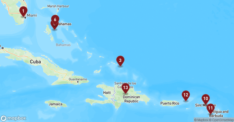 Kort over Caribien & Bahamas fra Miami med MSC Meraviglia