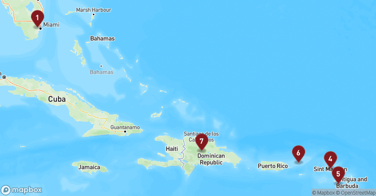 Kort over Caribien & Bahamas fra Miami med MSC Meraviglia