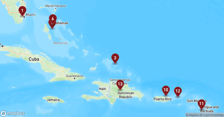 Kort over Caribien & Bahamas fra Miami med MSC Meraviglia