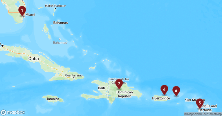 Kort over Caribien & Bahamas fra Miami med MSC Meraviglia