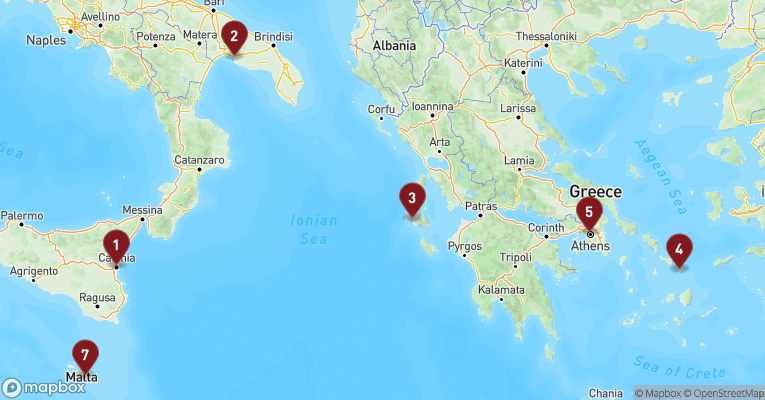 Kort over Middelhavet fra Catania - Sicilien med Costa Fascinosa