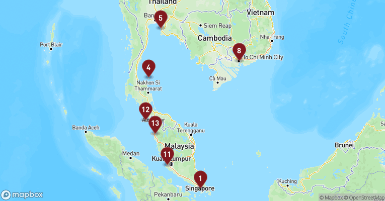 Kort over Asien & det Indiske Ocean fra Singapore med Mein Schiff 6