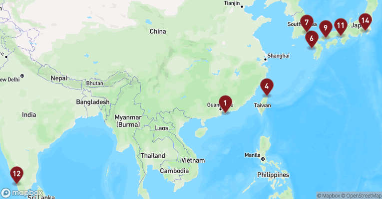 Kort over Asien & det Indiske Ocean fra Hongkong med Mein Schiff 6