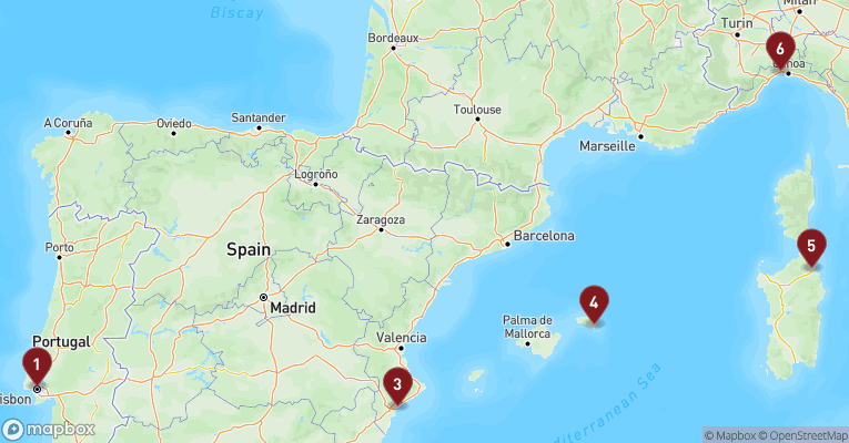 Kort over Middelhavet fra Lissabon med MSC Opera