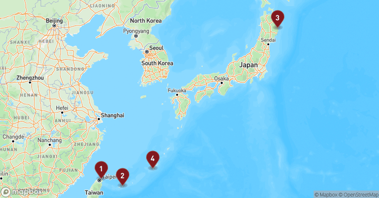 Kort over Asien & det Indiske Ocean fra Keelung - Taipei med MSC Bellissima