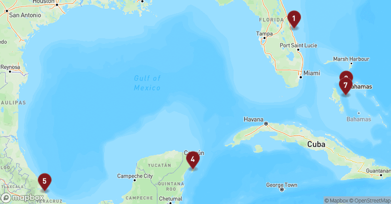 Kort over Caribien & Bahamas fra Port Canaveral med MSC Seashore