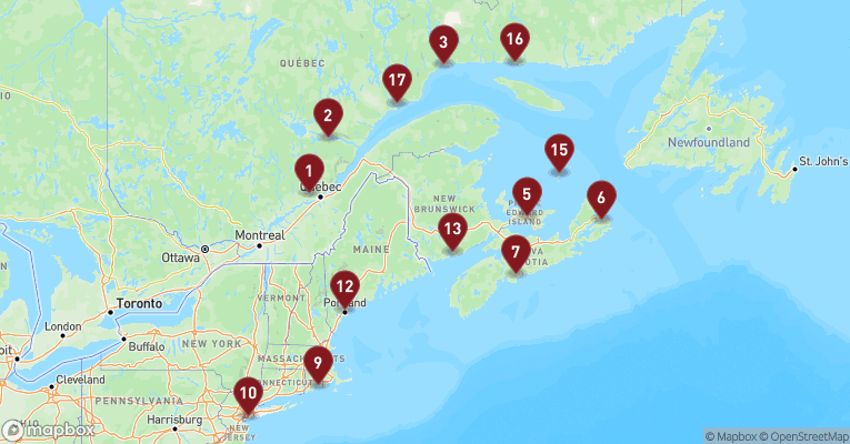 Kort over Nordamerika & Canada fra Quebec City med EXPLORA III