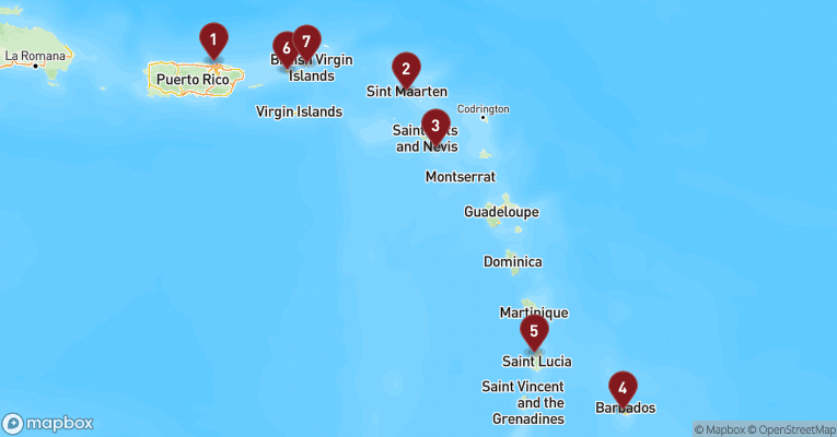 Kort over Caribien & Bahamas fra San Juan, Puerto Rico med Norwegian Prima