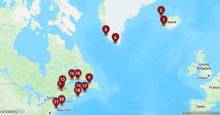 Kort over Positionskrydstogt fra Reykjavik, Iceland med EXPLORA III