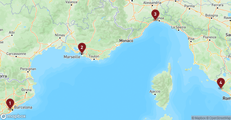 Kort over Middelhavet fra Barcelona med MSC World Asia