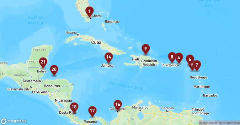 Kort over Caribien & Bahamas fra Miami med MSC Poesia