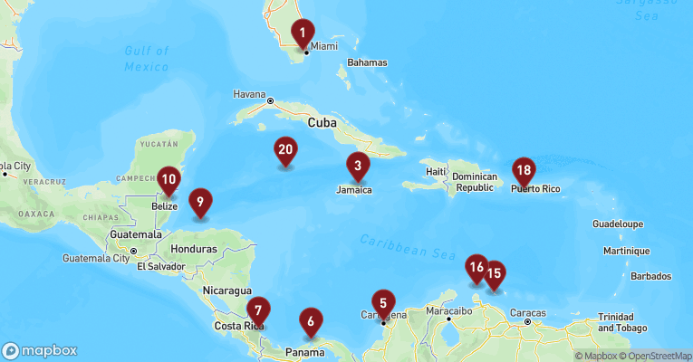 Kort over Caribien & Bahamas fra Miami med MSC Poesia