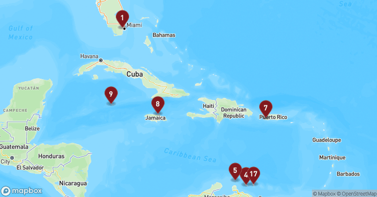 Kort over Caribien & Bahamas fra Miami med MSC Poesia