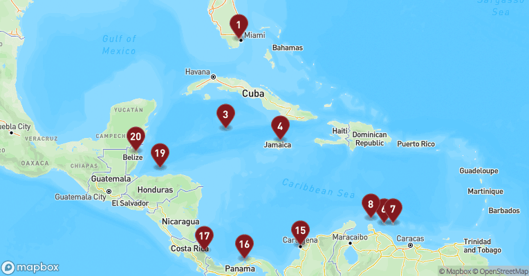 Kort over Caribien & Bahamas fra Miami med MSC Poesia