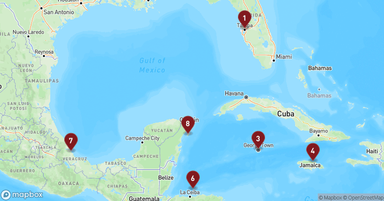 Kort over Caribien & Bahamas fra Tampa med Celebrity Summit