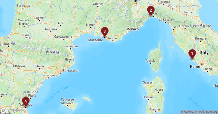 Kort over Middelhavet fra Civitavecchia - Rom med MSC Musica