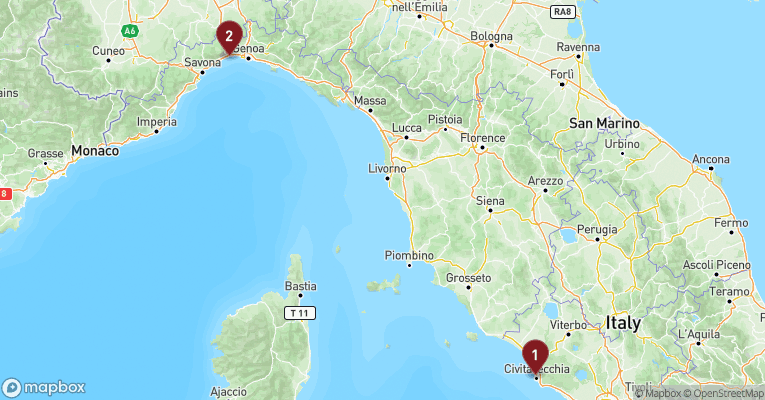 Kort over Middelhavet fra Civitavecchia - Rom med MSC Musica