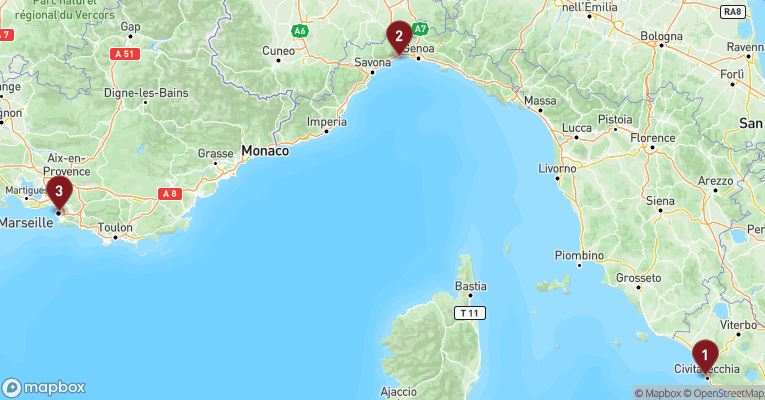 Kort over Middelhavet fra Civitavecchia - Rom med MSC Musica