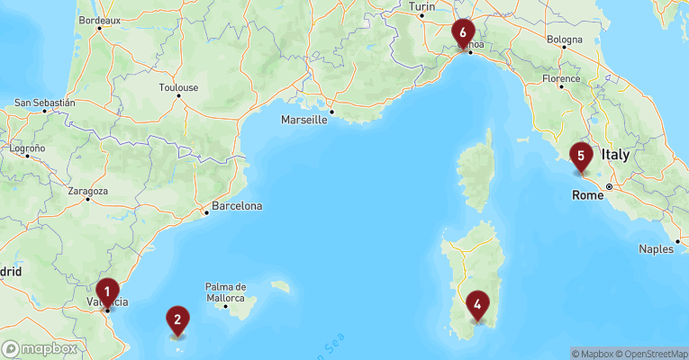 Kort over Middelhavet fra Valencia med MSC Musica