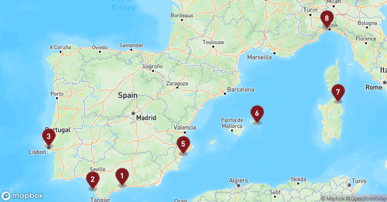 Kort over Middelhavet fra Malaga med MSC Opera