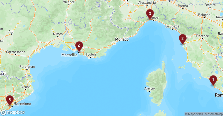 Kort over Middelhavet fra Civitavecchia - Rom med MSC Opera