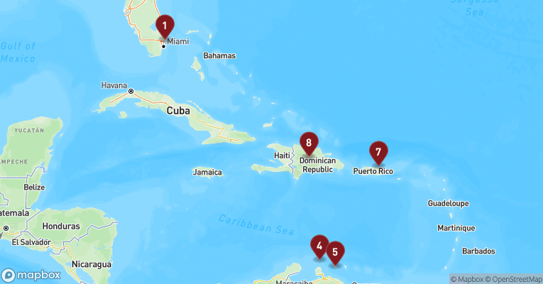 Kort over Caribien & Bahamas fra Fort Lauderdale med Caribbean Princess
