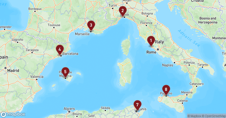 Kort over Middelhavet fra Civitavecchia - Rom med Costa Toscana