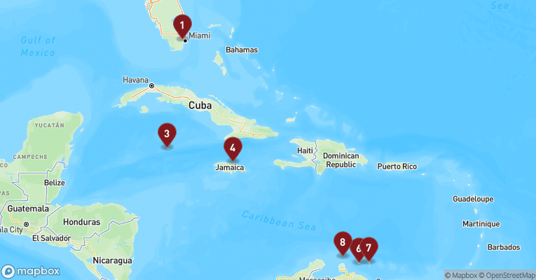 Kort over Caribien & Bahamas fra Miami med MSC Poesia
