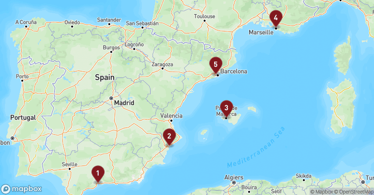 Kort over Middelhavet fra Malaga med MSC Virtuosa