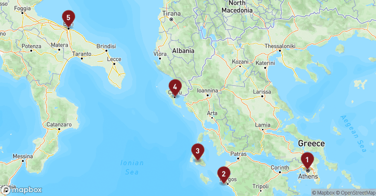 Kort over Middelhavet fra Athen med MSC Sinfonia