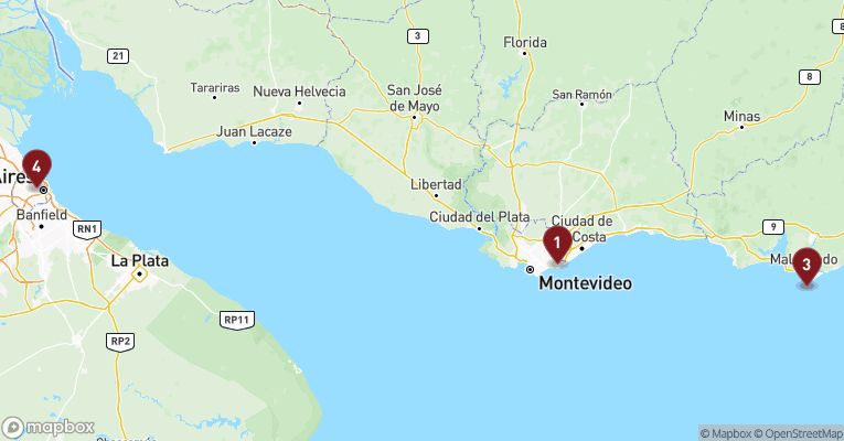 Kort over Sydamerika fra Montevideo med Costa Serena