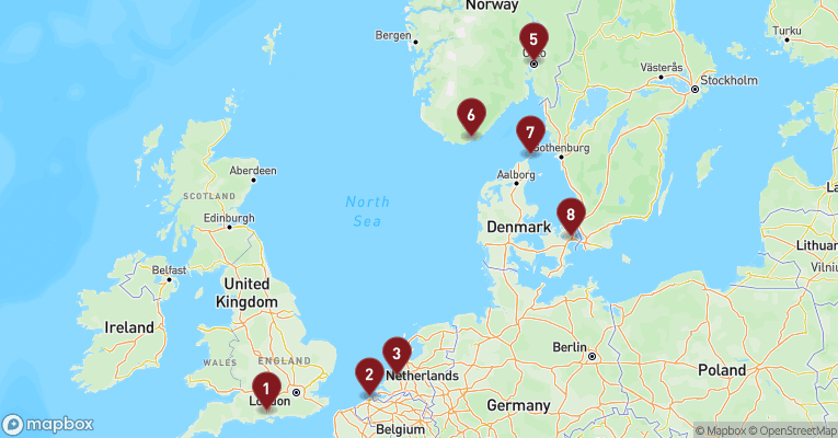 Kort over Øvrige Nordeuropa fra Southampton med Regal Princess