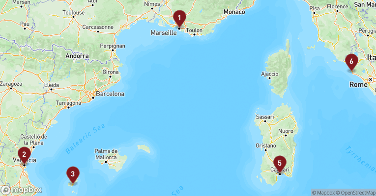 Kort over Middelhavet fra Marseille med MSC Musica
