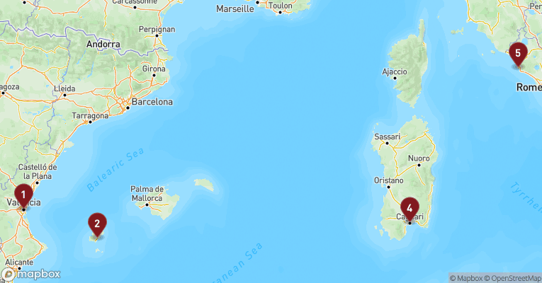 Kort over Middelhavet fra Valencia med MSC Musica