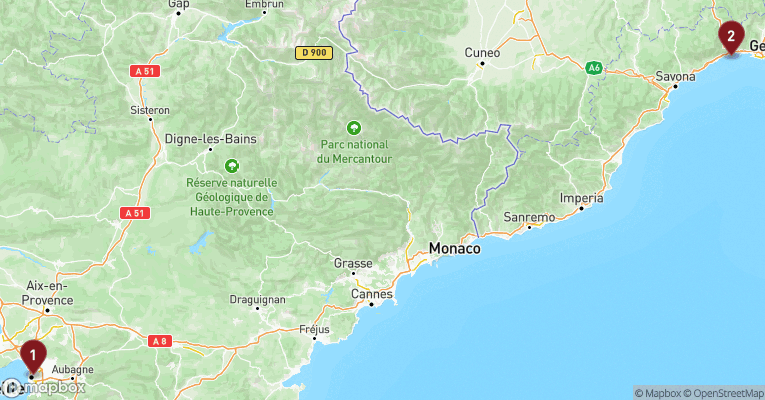 Kort over Middelhavet fra Marseille med MSC Magnifica