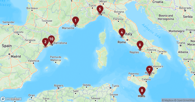 Kort over Middelhavet fra Marseille med MSC Magnifica
