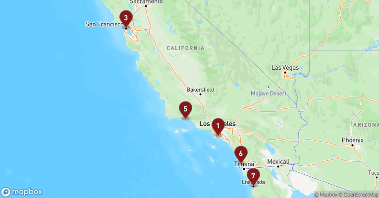 Kort over Californien & Mexico fra Los Angeles med Emerald Princess
