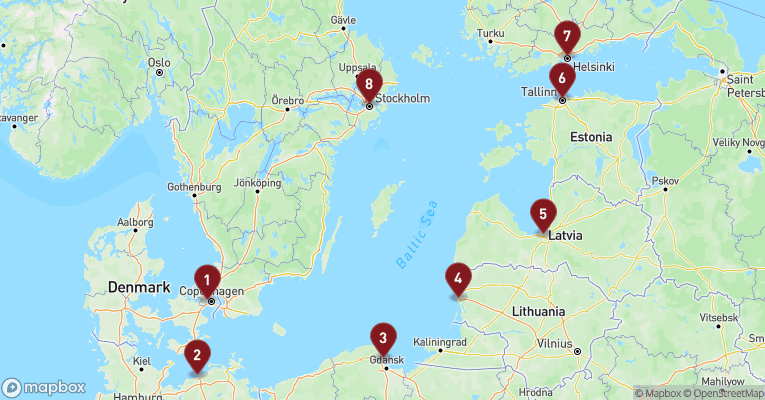 Kort over Baltikum fra København med MSC Magnifica