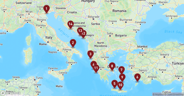 Kort over Middelhavet fra Venedig med Costa Deliziosa
