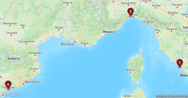 Kort over Middelhavet fra Civitavecchia - Rom med MSC Divina