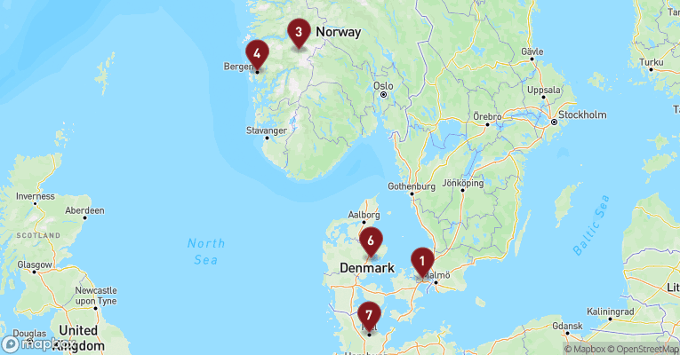 Kort over Øvrige Nordeuropa fra København med Costa Diadema