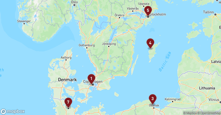 Kort over Baltikum fra København med Costa Diadema