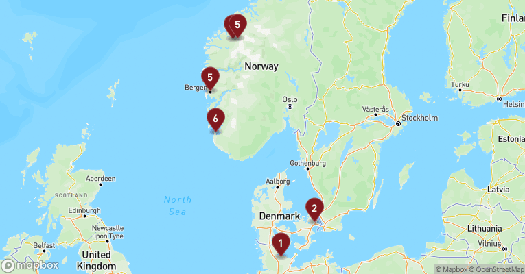 Kort over Norge fra Kiel med Costa Diadema