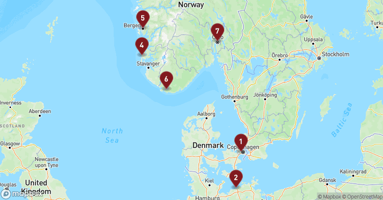 Kort over Norge fra København med MSC Magnifica
