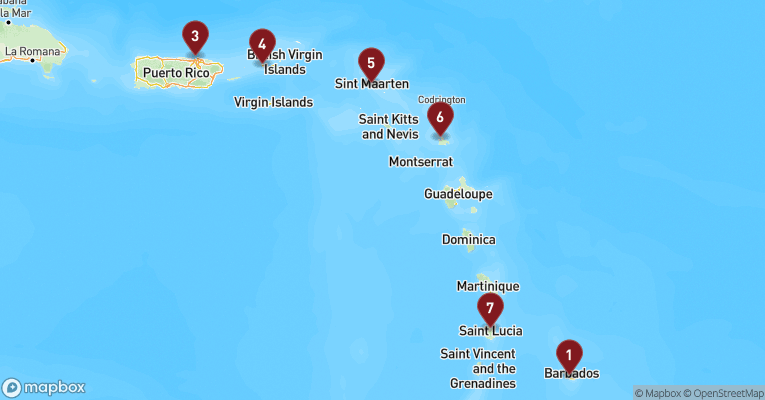 Kort over Caribien & Bahamas fra Bridgetown med Crown Princess