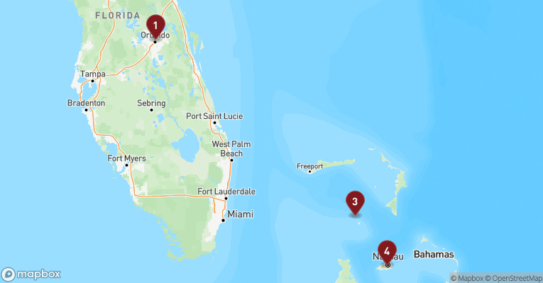 Kort over Caribien & Bahamas fra Port Canaveral med Norwegian Getaway