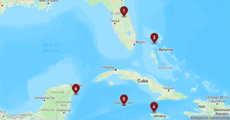 Kort over Caribien & Bahamas fra Port Canaveral med Norwegian Epic