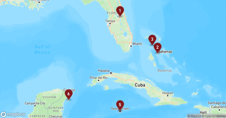 Kort over Caribien & Bahamas fra Port Canaveral med Norwegian Epic