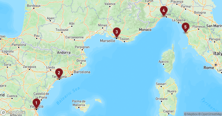 Kort over Middelhavet fra Valencia med MSC Sinfonia