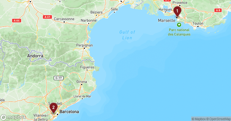 Kort over Middelhavet fra Marseille med MSC Meraviglia